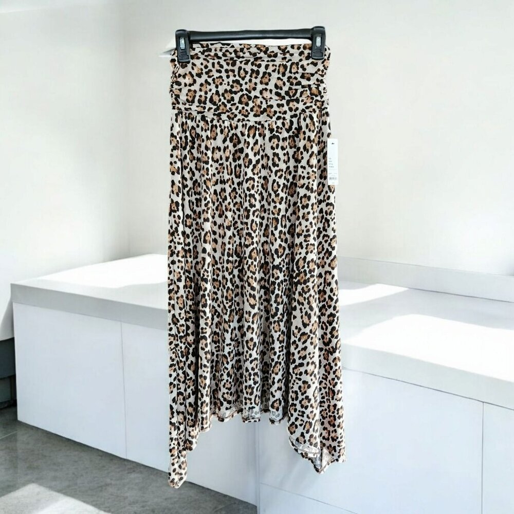 Leopard Animal Print A Line Midi Skirt Asymmetrical Elastic Waist Womens S NEW